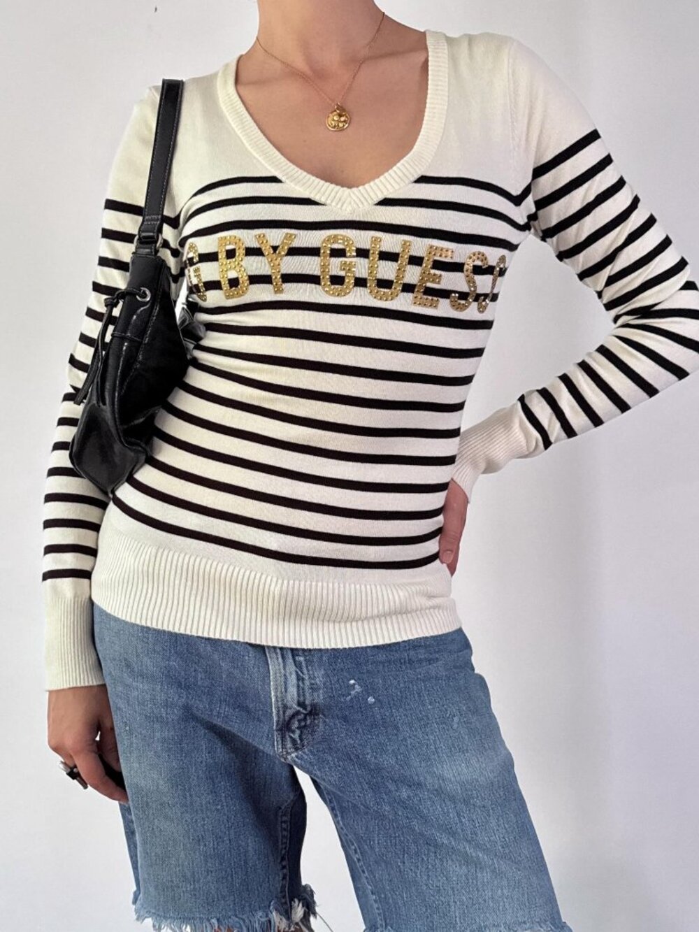 Y2K G BY GUESS striped embellished rhinestones fitted stretch knit sweater shirt